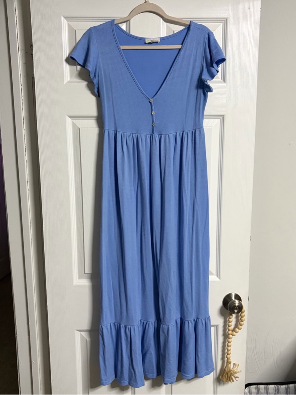 See You Monday Sky Blue V-Neck Midi Dress with Ruffle Hem